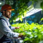 A photograph of a lighting contractor expertly installing led grow lights in a vibrant indoor garden