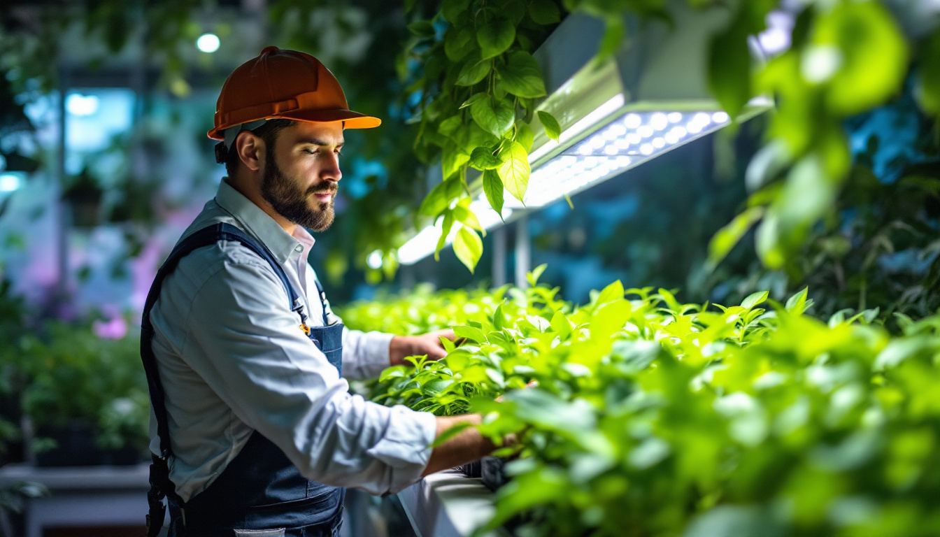 A photograph of a lighting contractor expertly installing led grow lights in a vibrant indoor garden