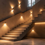 A photograph of a well-designed staircase illuminated by stylish