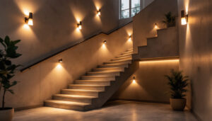 A photograph of a well-designed staircase illuminated by stylish