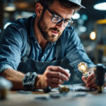 A photograph of a lighting contractor examining various light bulb sockets