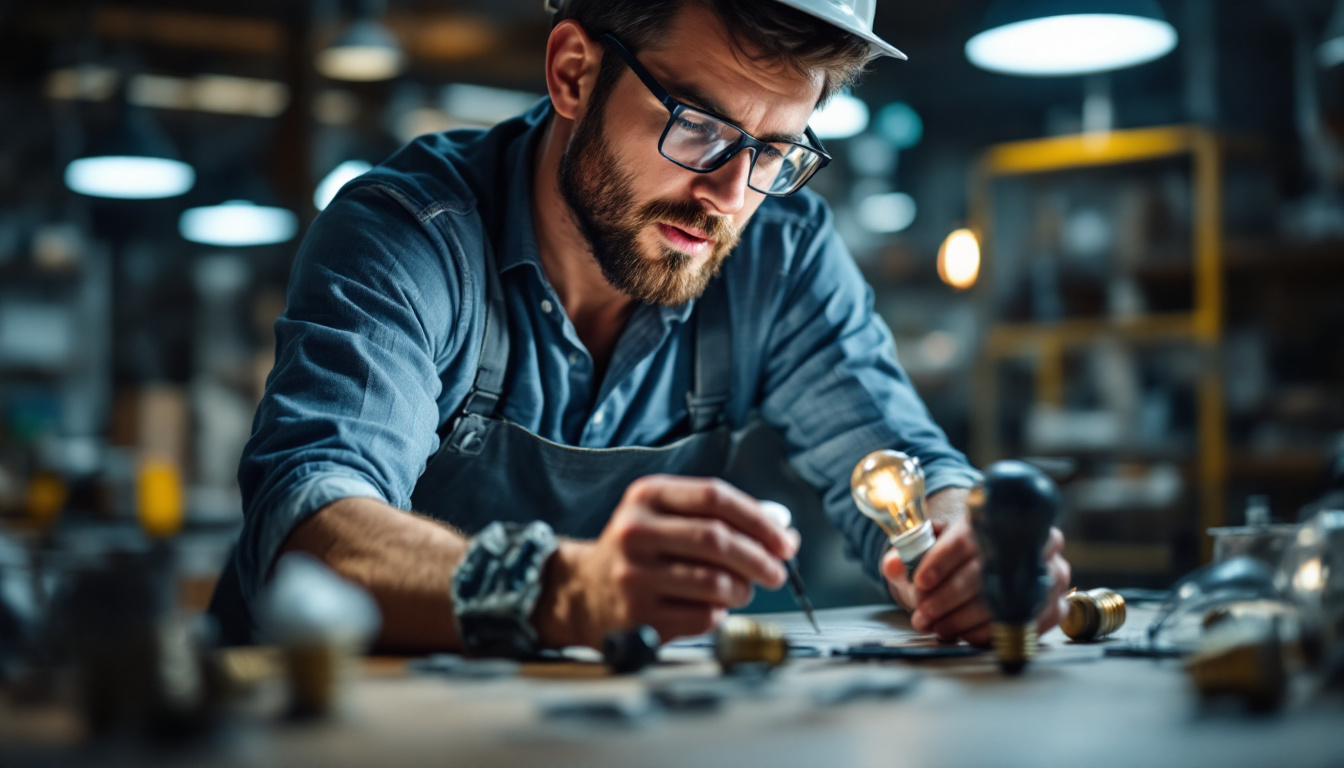 A photograph of a lighting contractor examining various light bulb sockets