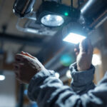 A photograph of a lighting contractor expertly installing or adjusting a ballast light in a commercial or residential setting