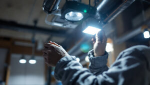 A photograph of a lighting contractor expertly installing or adjusting a ballast light in a commercial or residential setting