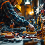 A photograph of a skilled lighting contractor expertly installing electric connectors in a well-lit workspace