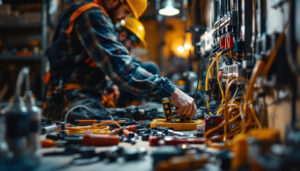 A photograph of a skilled lighting contractor expertly installing electric connectors in a well-lit workspace