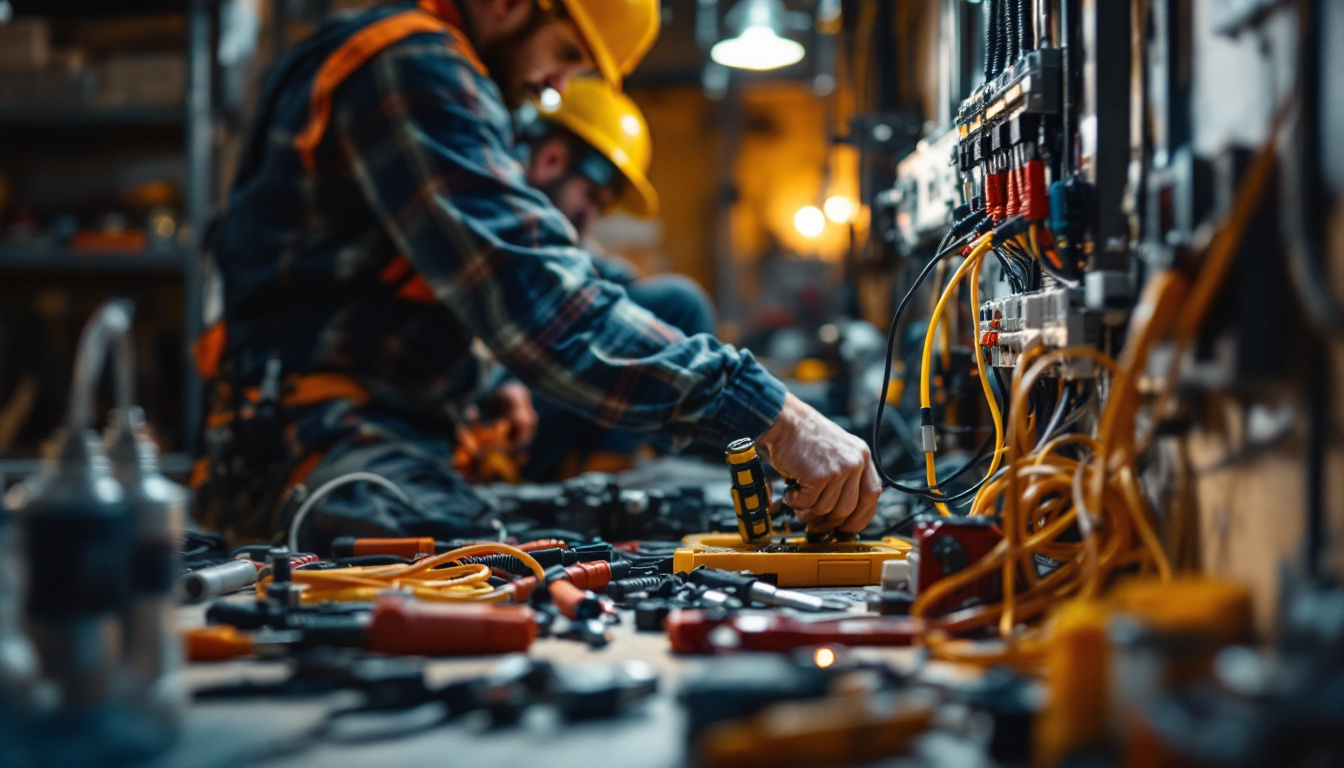 A photograph of a skilled lighting contractor expertly installing electric connectors in a well-lit workspace