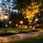A photograph of a beautifully landscaped outdoor space illuminated by solar lawn lights at dusk