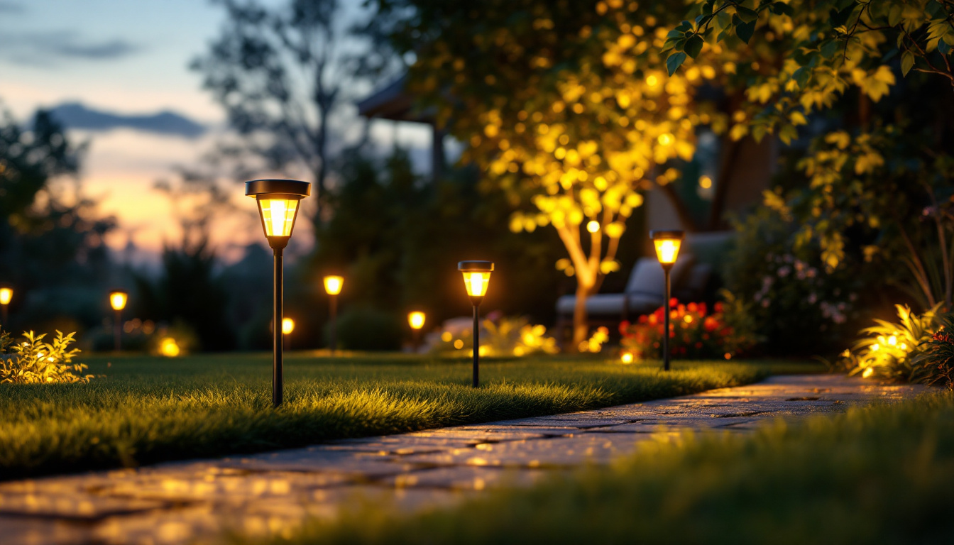 A photograph of a beautifully landscaped outdoor space illuminated by solar lawn lights at dusk