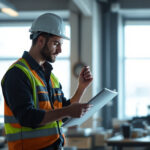 A photograph of a lighting contractor thoughtfully reviewing energy-efficient lighting options and cost-saving materials in a well-lit workspace