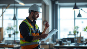 A photograph of a lighting contractor thoughtfully reviewing energy-efficient lighting options and cost-saving materials in a well-lit workspace