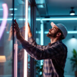 A photograph of a lighting contractor expertly installing flexible led lights in a modern space
