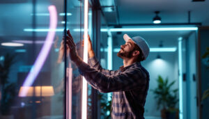 A photograph of a lighting contractor expertly installing flexible led lights in a modern space
