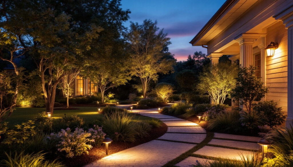 A photograph of a beautifully designed outdoor lighting setup at a residential property