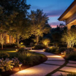 A photograph of a beautifully designed outdoor lighting setup at a residential property
