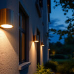 A photograph of a beautifully illuminated outdoor space featuring solar wall lights installed on a stylish home