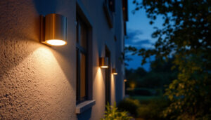 A photograph of a beautifully illuminated outdoor space featuring solar wall lights installed on a stylish home