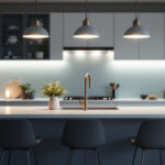 A photograph of a beautifully lit kitchen island featuring modern pendant lights