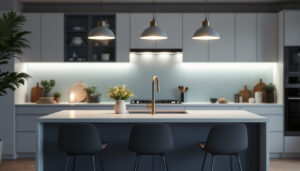 A photograph of a beautifully lit kitchen island featuring modern pendant lights