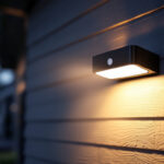 A photograph of a sleek motion sensor exterior light installed on a home