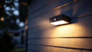 A photograph of a sleek motion sensor exterior light installed on a home