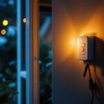 A photograph of a lighting contractor installing a programmable light timer switch in a residential setting