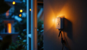 A photograph of a lighting contractor installing a programmable light timer switch in a residential setting
