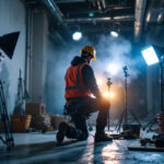 A photograph of a lighting contractor actively working on a project