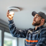 A photograph of a lighting contractor installing a recessed light cap in a modern home setting