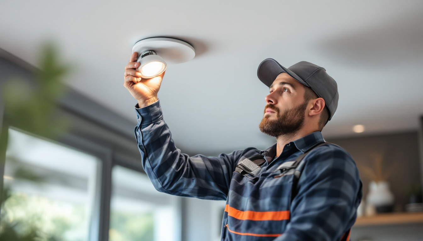 A photograph of a lighting contractor installing a recessed light cap in a modern home setting