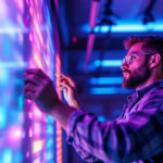 A photograph of a skilled lighting contractor expertly installing or adjusting rgb lighting fixtures in a modern interior space