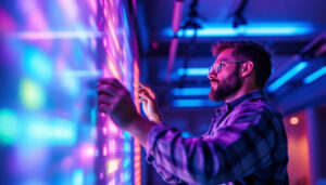 A photograph of a skilled lighting contractor expertly installing or adjusting rgb lighting fixtures in a modern interior space