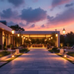 A photograph of a beautifully illuminated outdoor space featuring large outdoor lights that highlight architectural elements and landscaping