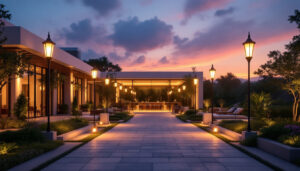 A photograph of a beautifully illuminated outdoor space featuring large outdoor lights that highlight architectural elements and landscaping
