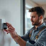 A photograph of a lighting contractor installing a digital timer in a residential setting
