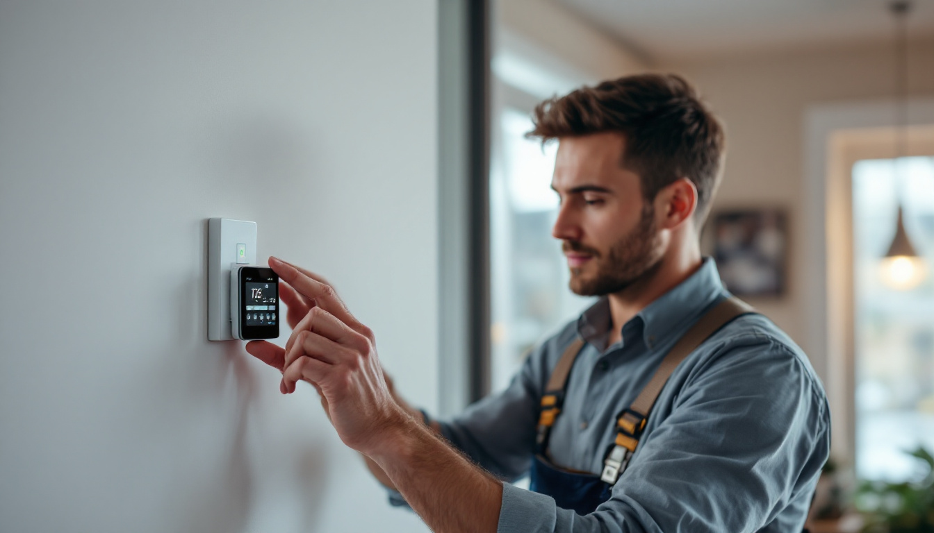 A photograph of a lighting contractor installing a digital timer in a residential setting