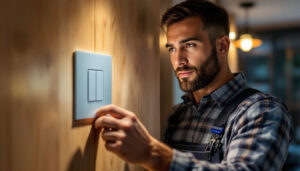 A photograph of a lighting contractor installing a smart toggle switch in a modern home setting