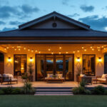 A photograph of a beautifully designed covered patio at dusk