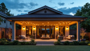 A photograph of a beautifully designed covered patio at dusk