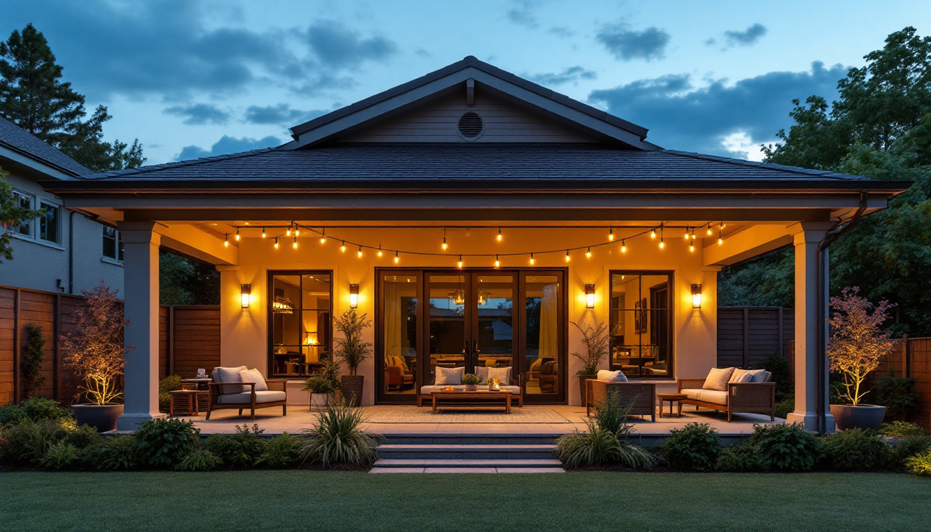A photograph of a beautifully designed covered patio at dusk