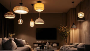A photograph of a stylish living room featuring a variety of ceiling lamps in different designs and settings