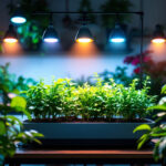 A photograph of a vibrant indoor garden illuminated by a variety of led plant grow lights