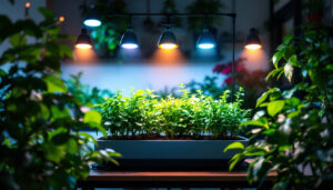 A photograph of a vibrant indoor garden illuminated by a variety of led plant grow lights