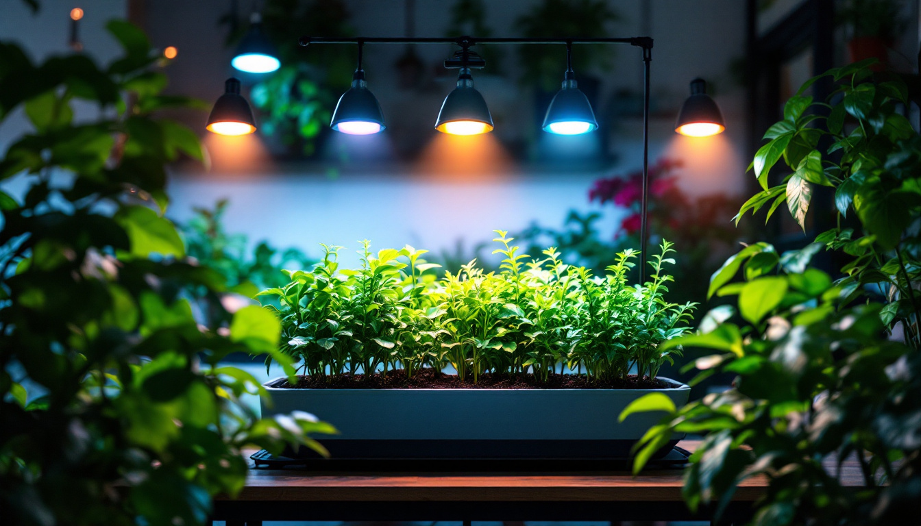 A photograph of a vibrant indoor garden illuminated by a variety of led plant grow lights