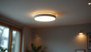 A photograph of a well-lit interior space showcasing a sleek led surface mount light installed on the ceiling