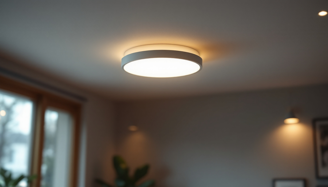 A photograph of a well-lit interior space showcasing a sleek led surface mount light installed on the ceiling