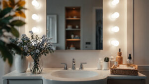 A photograph of a beautifully arranged vanity area featuring stylish led lights that enhance the aesthetic