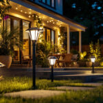 A photograph of a beautifully illuminated outdoor space featuring various solar lights in use
