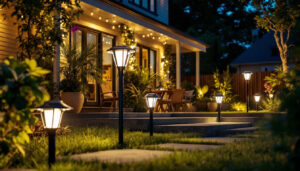 A photograph of a beautifully illuminated outdoor space featuring various solar lights in use