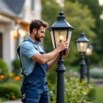 A photograph of a skilled lighting contractor expertly installing or adjusting post lanterns in a beautifully landscaped outdoor setting